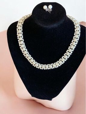 Vintage Avon Ivory Faux Pearl Cluster Necklace & Earrings Set Bridal 16”
